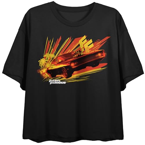 Fast & Furious Dodge Challenger Vector Art Crew Neck Short Sleeve Women's Black Crop Top