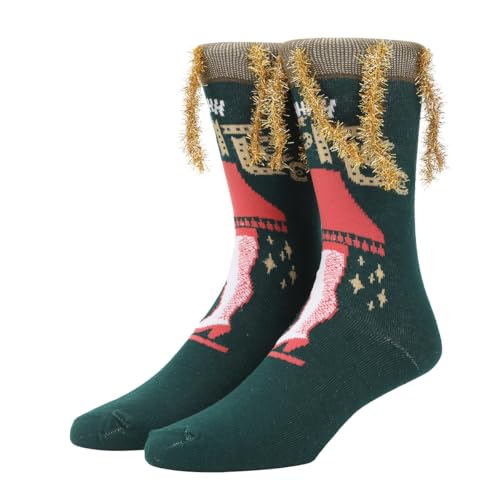 A Christmas Story Leg Lamp Adult Green Casual Crew Socks With 3D Tinsel