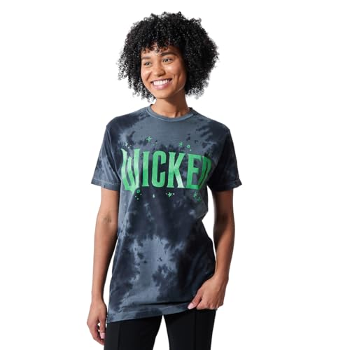 Wicked Green Glitter Print Movie Logo Black Cloud Wash Crew Neck Short Sleeve T-shirt-Medium