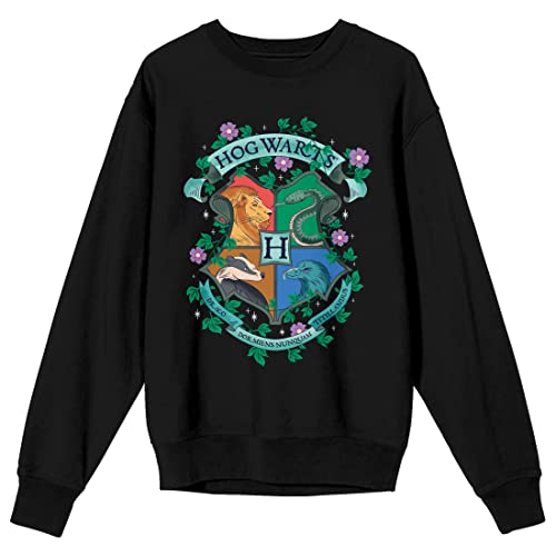 Harry Potter Floral Hogwarts Crest Women's Black Crew Neck Sweatshirt