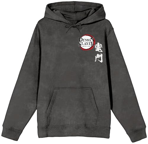 Demon Slayer Tanjiro Character Art Men's Charcoal Mineral Wash Long Sleeve Hooded Sweatshirt