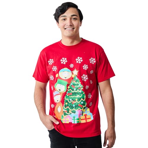 South Park Oversized Group Shot Decorating Christmas Tree Men's Red Crew Neck Short Sleeve T-shirt