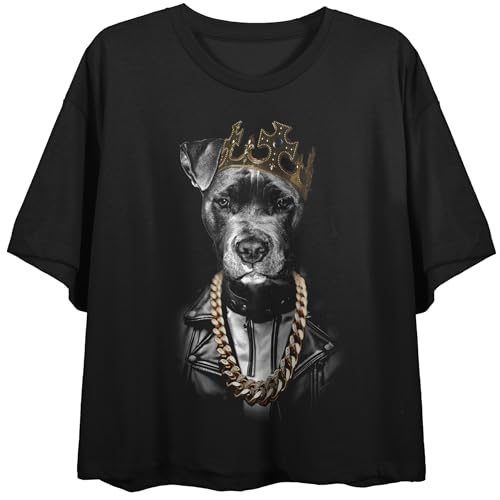 Dog With Leather Jacket & Crown Crew Neck Short Sleeve Women's Black Crop Top