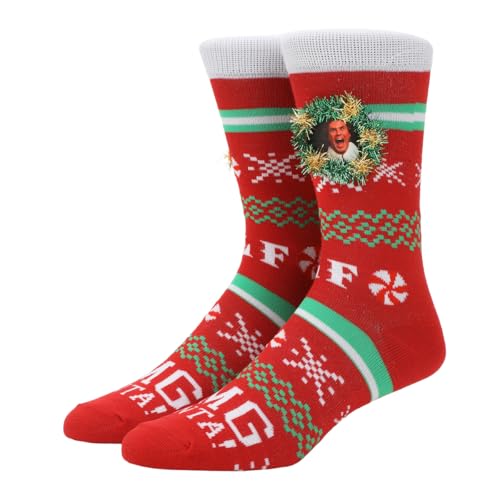 Elf OMG Santa Christmas Sweater Adult Red Casual Crew Socks With 3D Tinsel Wreath