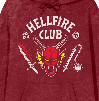 Stranger Things Hellfire Club Men's Red Mineral Wash Long Sleeve Hooded Sweatshirt