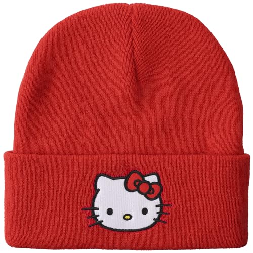 Hello Kitty Embroidered Character Face Red Cuff Beanie
