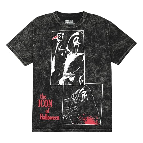 Ghostface Oversize Character Printed Patches With Red Text on Men's Black Mineral Wash Short Sleeve Tee