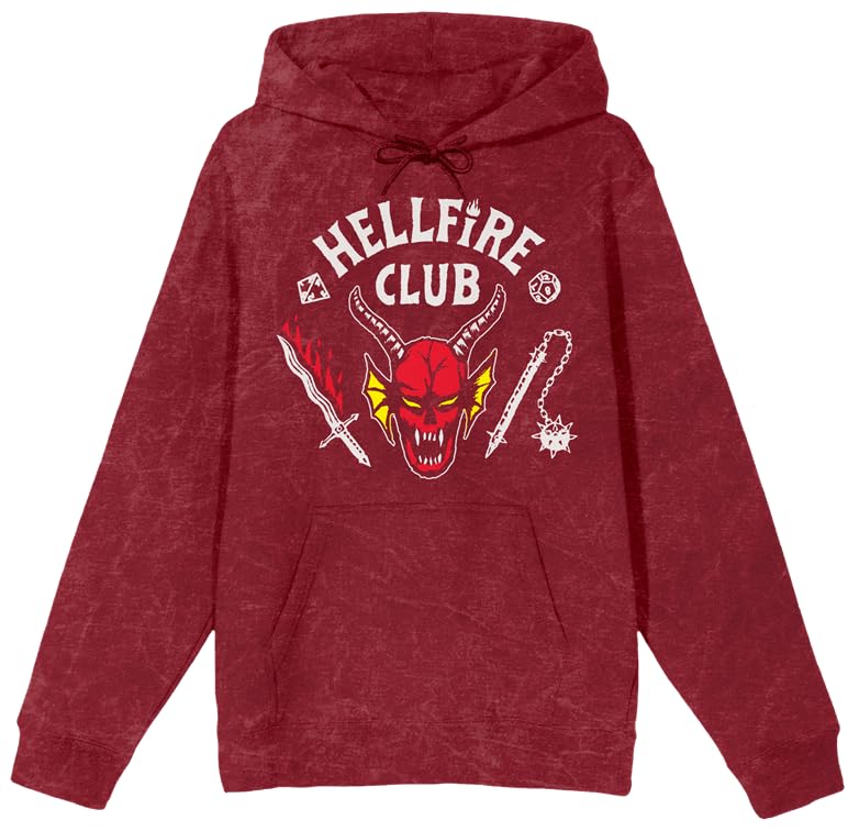 Stranger Things Hellfire Club Men's Red Mineral Wash Long Sleeve Hooded Sweatshirt