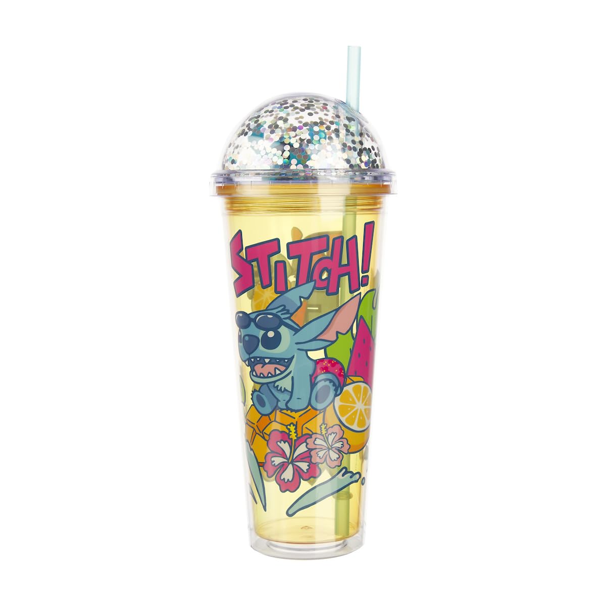 Disney Stitch Relax Orange 16 Oz Acrylic Cup With Clear Dome Lid & 3D Stitch Character