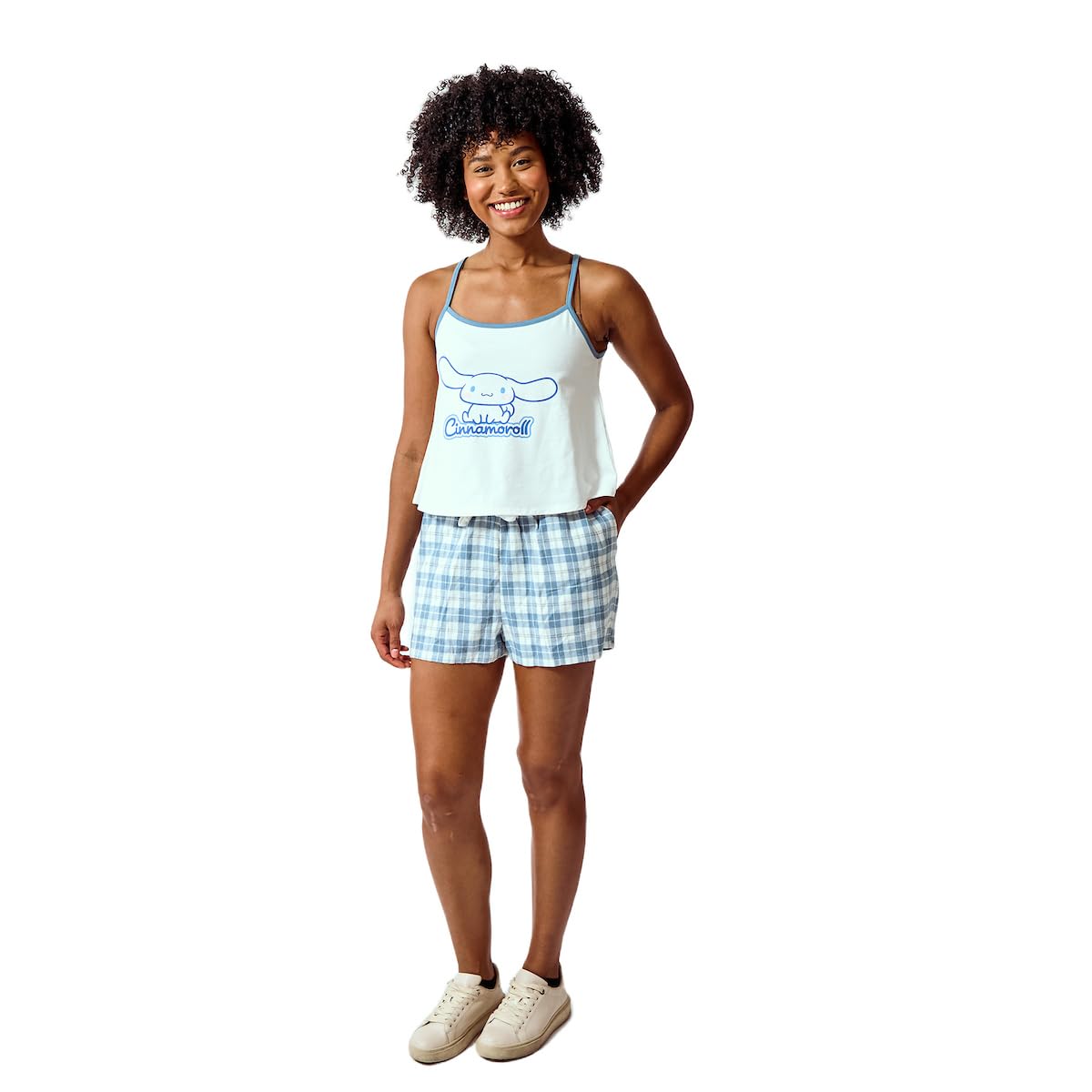 Cinnamoroll Women's 2-pack White A-Line Cami & Blue Buffalo Plaid Woven Lounge Shorts Sleep Set