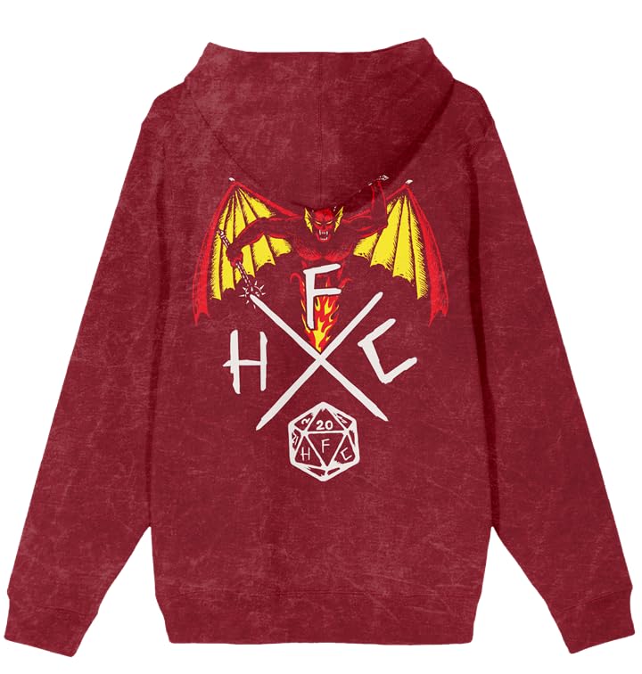 Stranger Things Hellfire Club Men's Red Mineral Wash Long Sleeve Hooded Sweatshirt