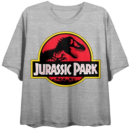 Jurassic Park Logo Women's Athletic Heather Crew Neck Short Sleeve Crop Top