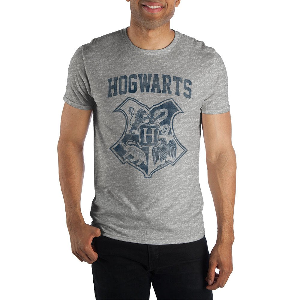 Harry Potter Hogwarts Crest Four Houses Gryffindor Slytherin Hufflepuff Ravenclaw Men's Gray Tee T-Shirt Shirt