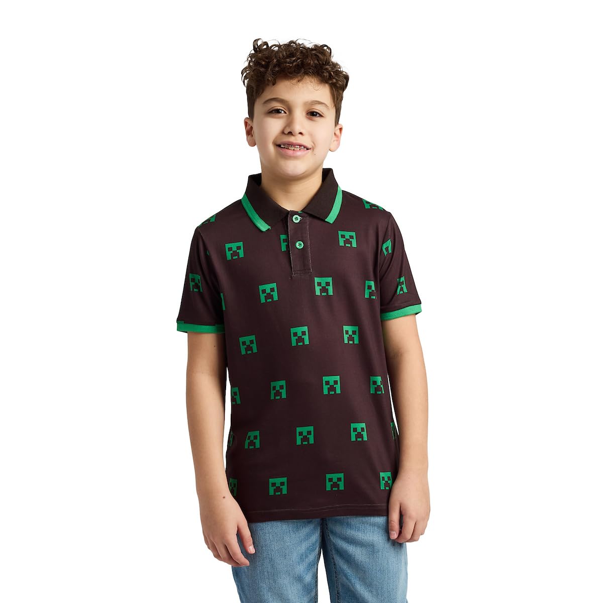 Minecraft Creeper Heads All-Over Print Boy's Black Short Sleeve Polo T-shirt