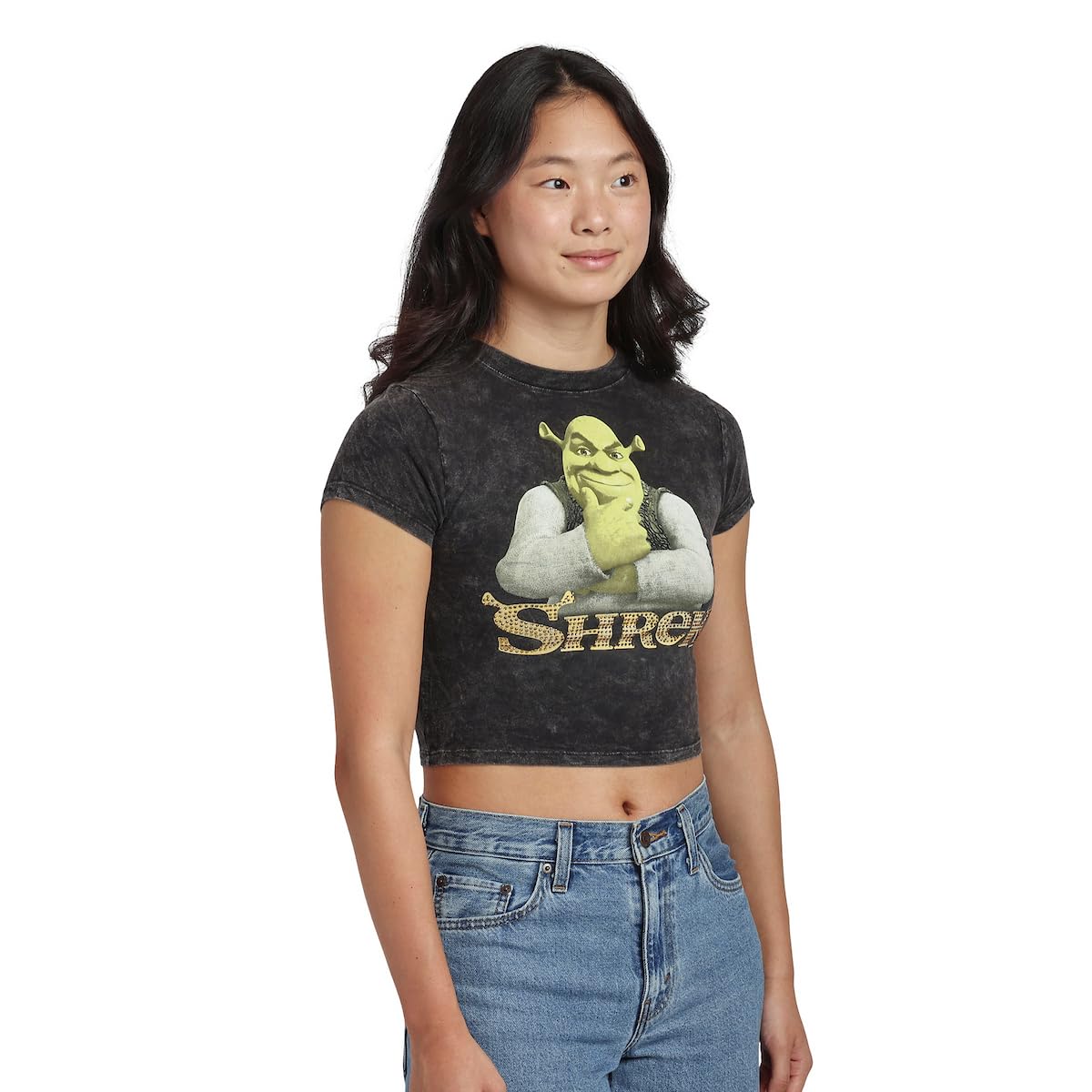Shrek Character Logo Women's Black MIneral Wash Crew Neck Short Sleeve Cropped Baby Tee