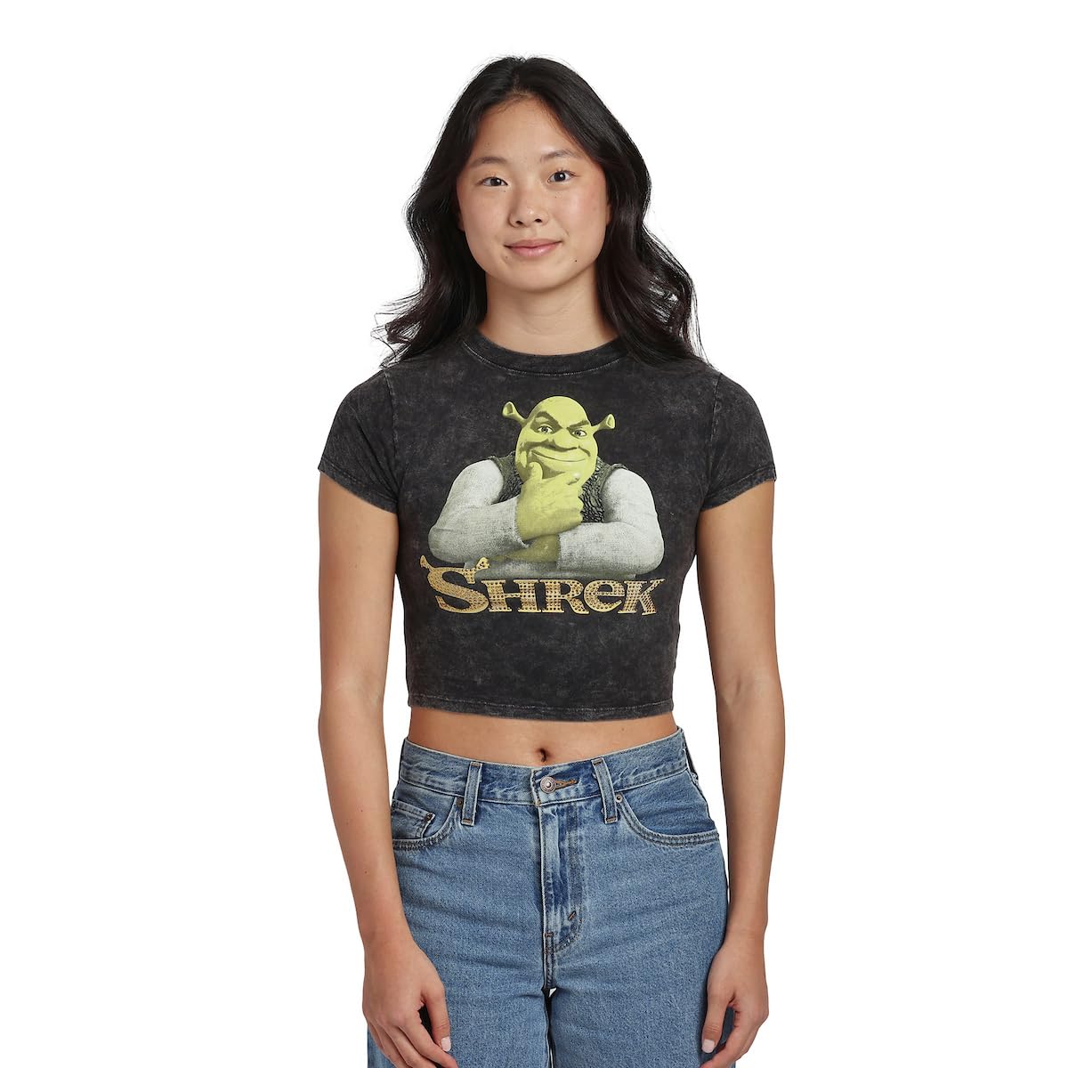 Shrek Character Logo Women's Black MIneral Wash Crew Neck Short Sleeve Cropped Baby Tee