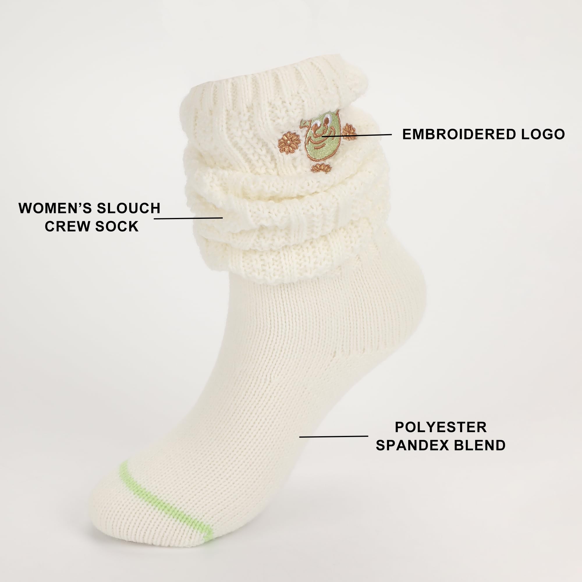 Shrek Embroidered Character Art Flowers Women's Slouch Crew Socks