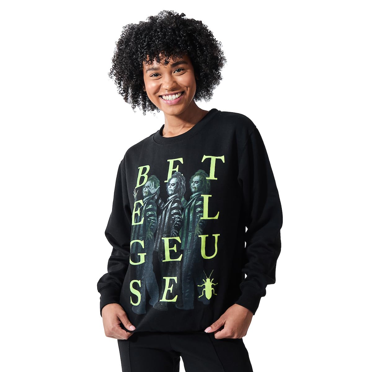 Beetlejuice Betelgeuse Scattered Name Women's Black Crew Neck Long Sleeve Sweatshirt