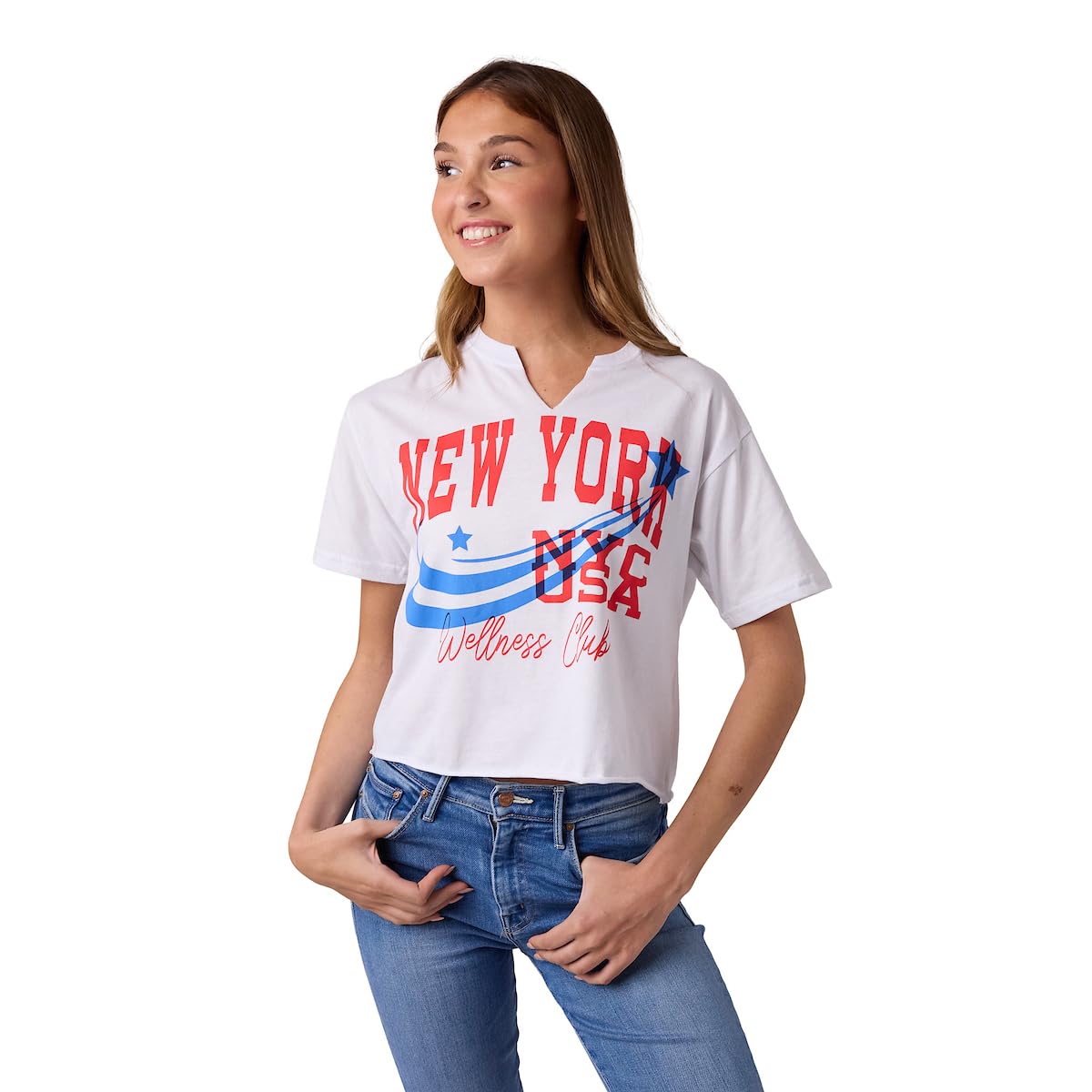 New York Shooting Star NYC USA Women's White V-Neck Short Sleeve Cropped Tee