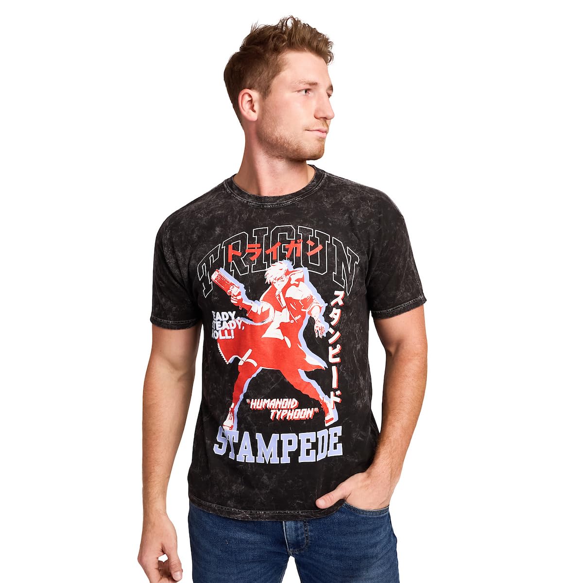 Trigun Stampede Vash Humanoid Typhoon Men's Black Mineral Wash Oversized Crew Neck Short Sleeve T-shirt