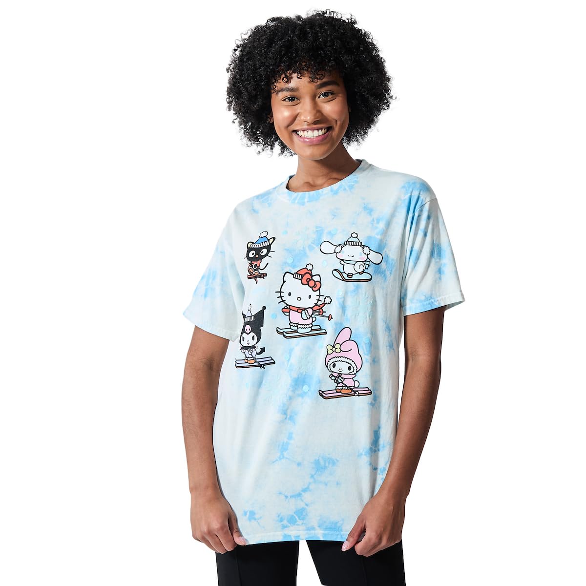 Hello Kitty & Friends Characters Skiing Women's Blue Cloud Wash Crew Neck Short Sleeve T-shirt