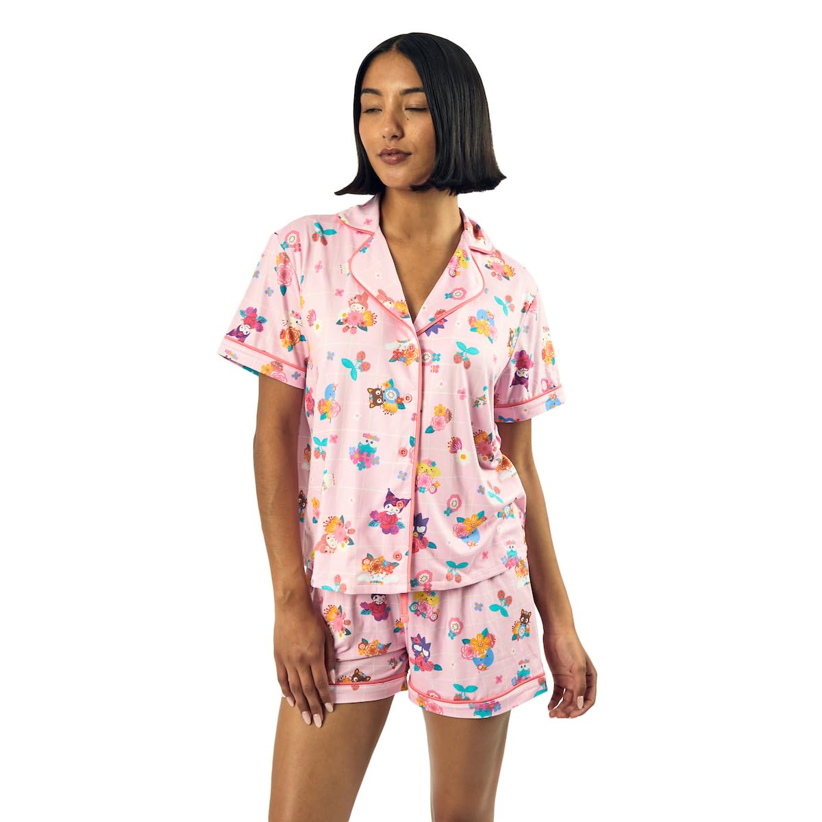 Hello Kitty & Friends Floral Character Print Women's Pink Sleep Shirt & Shorts Set