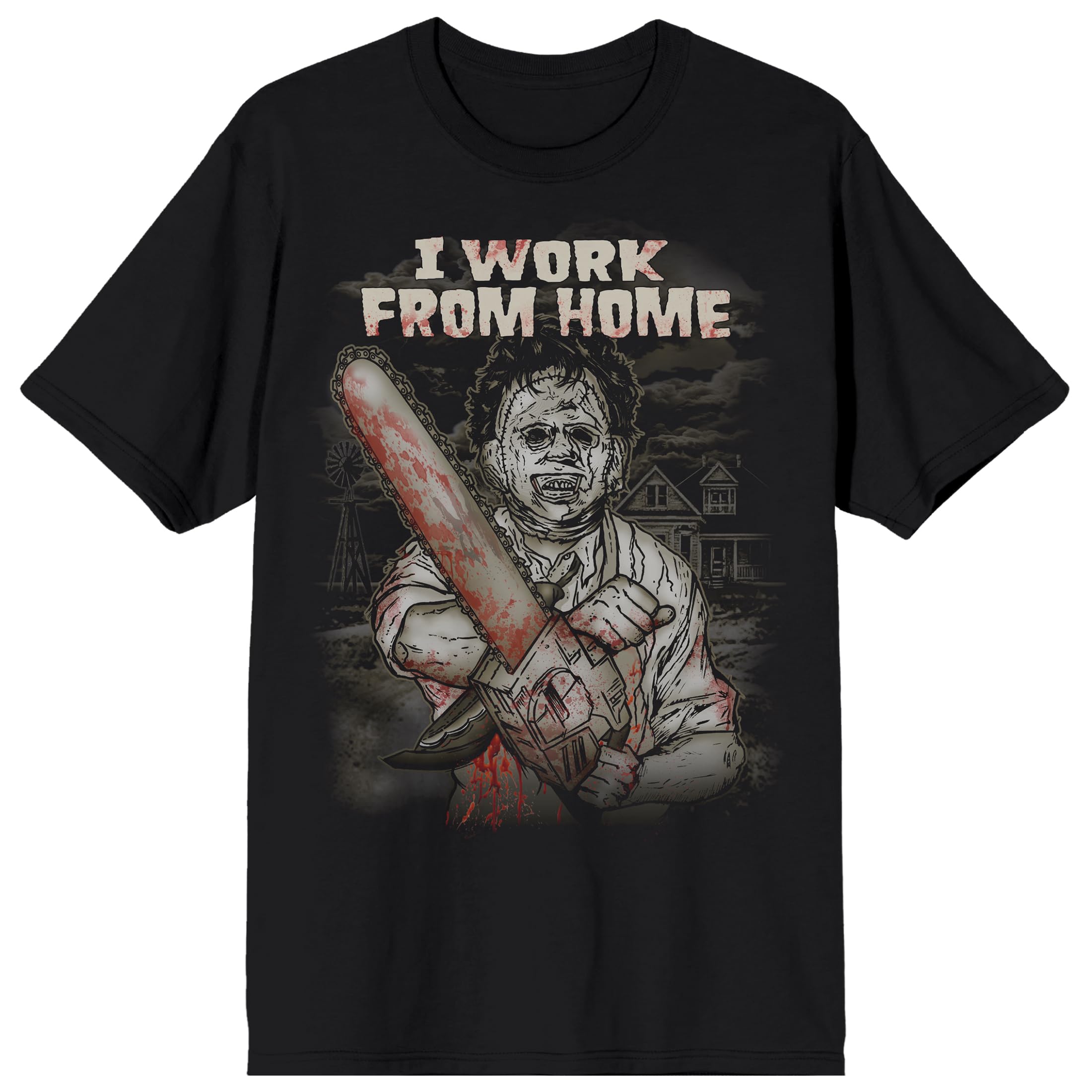 Texas Chainsaw Massacre Monotone Leatherface Illustrated I work From Home White Text On Black Adult Crew Neck Short Sleeve T-shirt