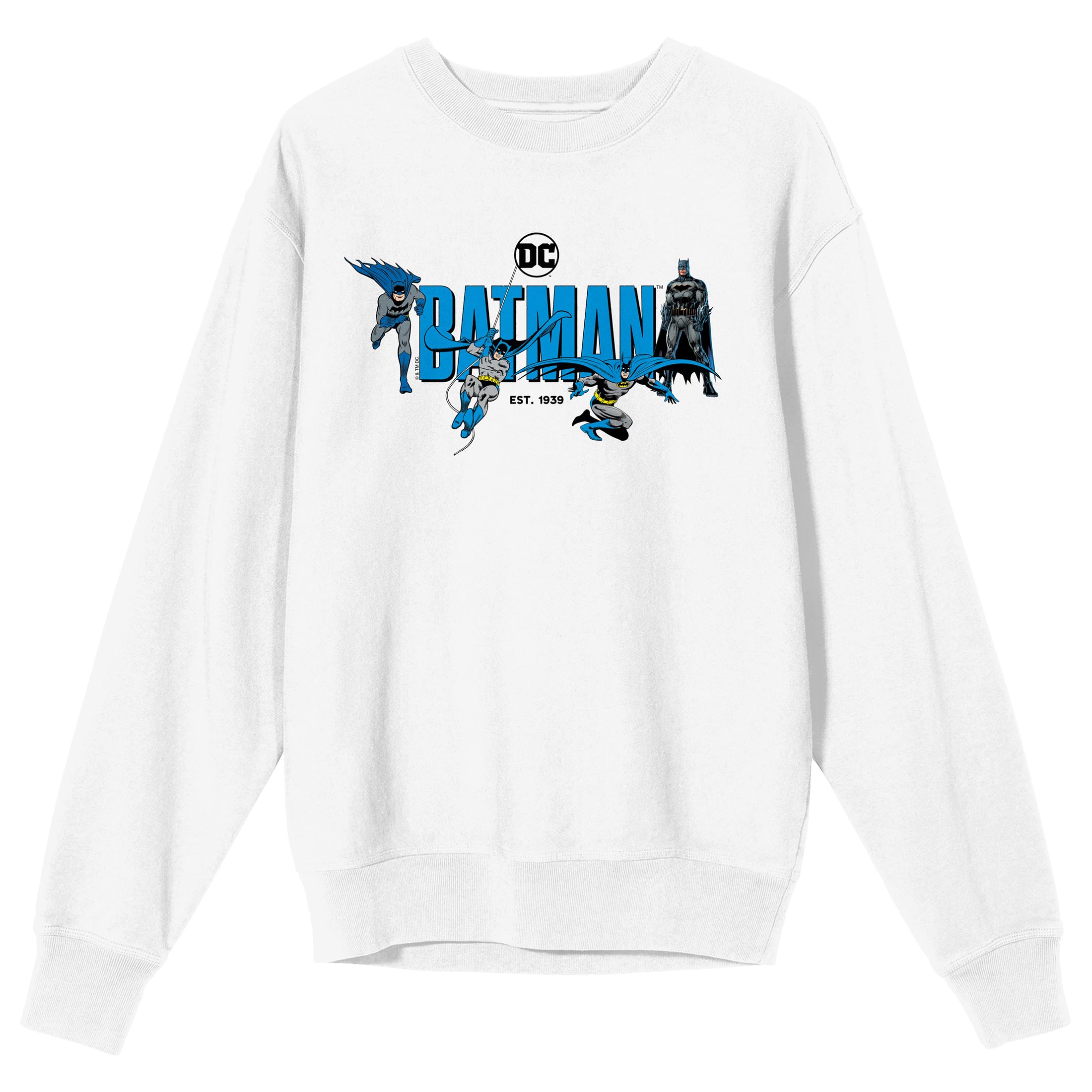 Batman 90th Anniversary Retro Graphics Crew Neck Long Sleeve Adult White Sweatshirt