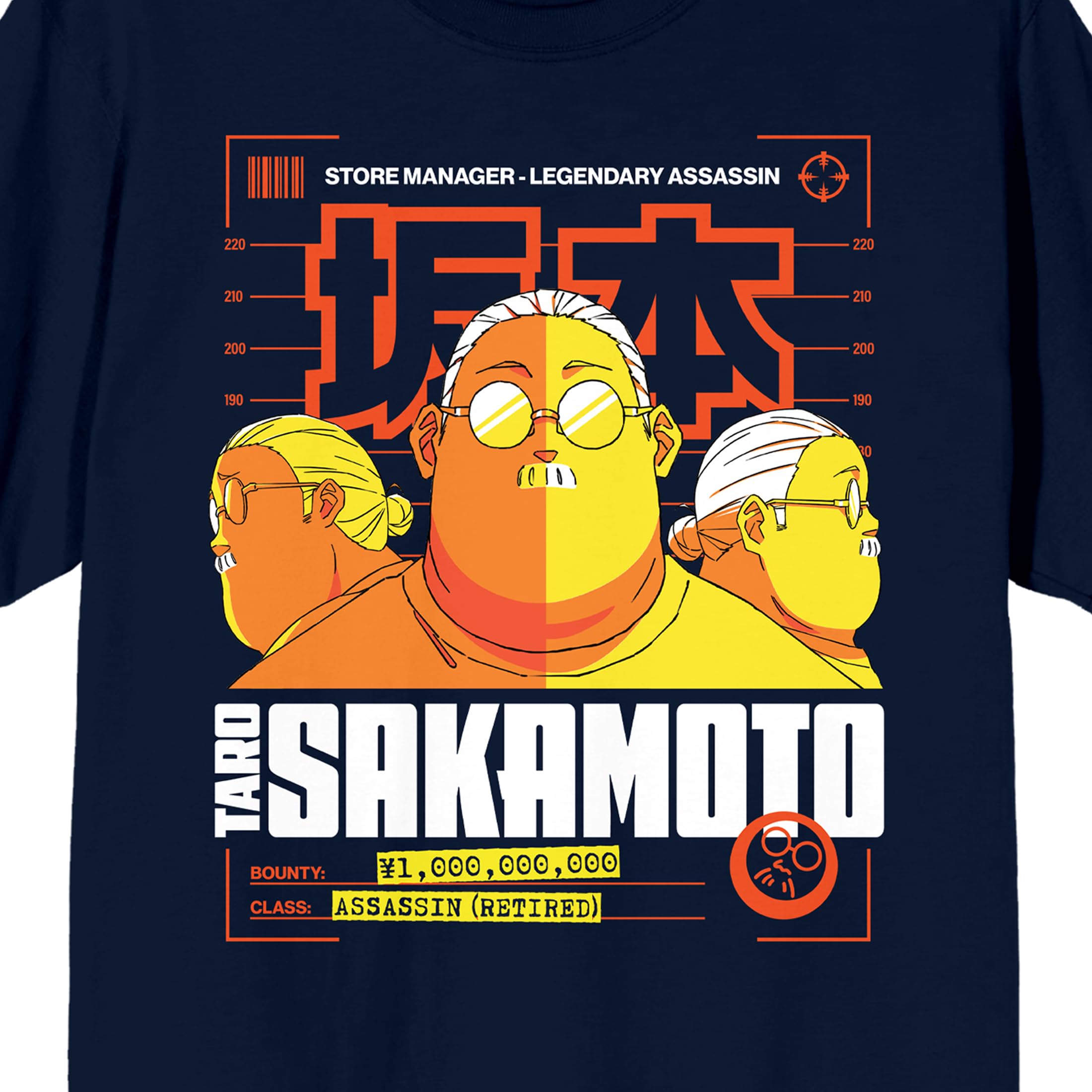 Sakamoto Days Taro Sakamoto, Police height chart, Kanji text, Bounty on Navy Short Sleeve Adult T-Shirt