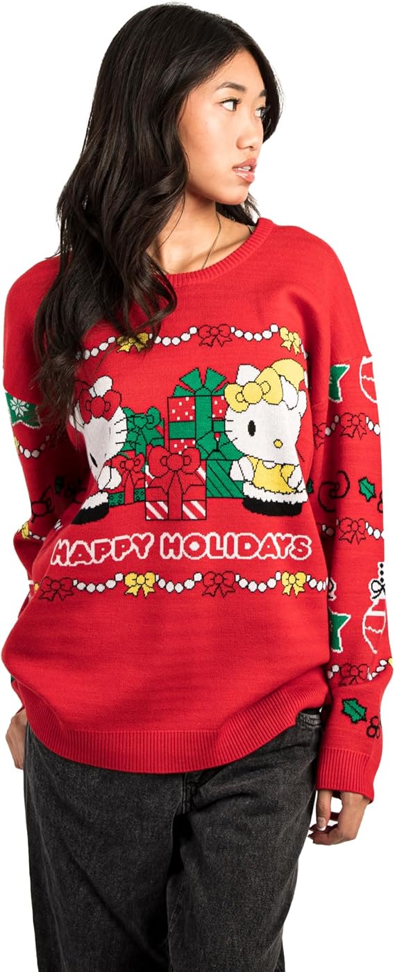 Hello Kitty & Mimmy Happy Holidays Women's Red Crew Neck Long Sleeve Oversized Sweater