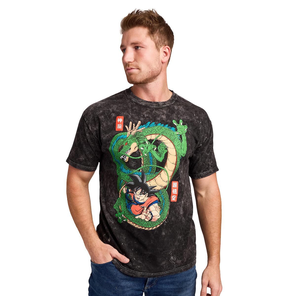 Dragon Ball Goku & Shenron Men's Black Mineral Wash Crew Neck Short Sleeve T-shirt