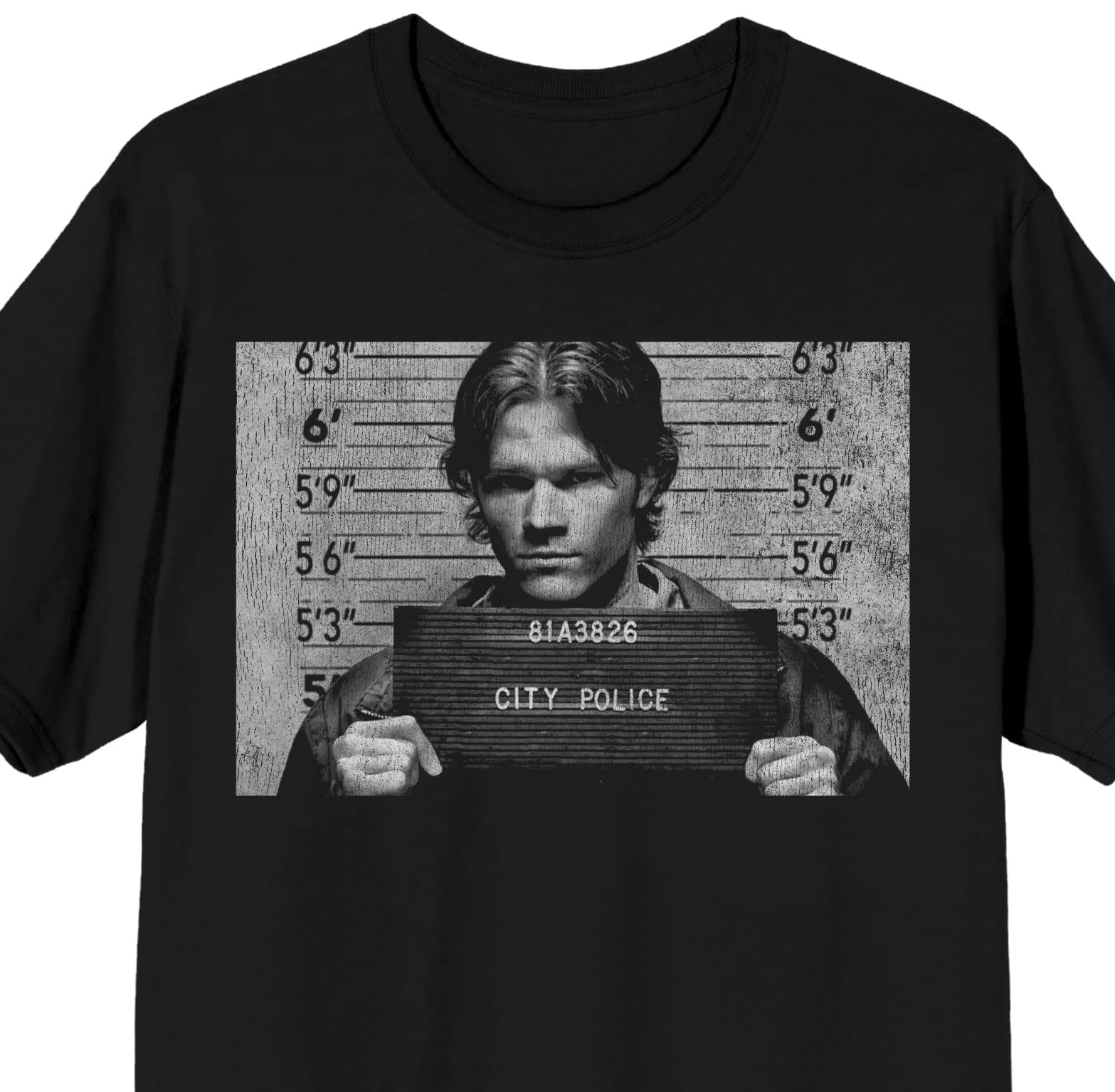 Supernatural Sam Mugshot Adult Black Crew Neck Short Sleeve T-shirt