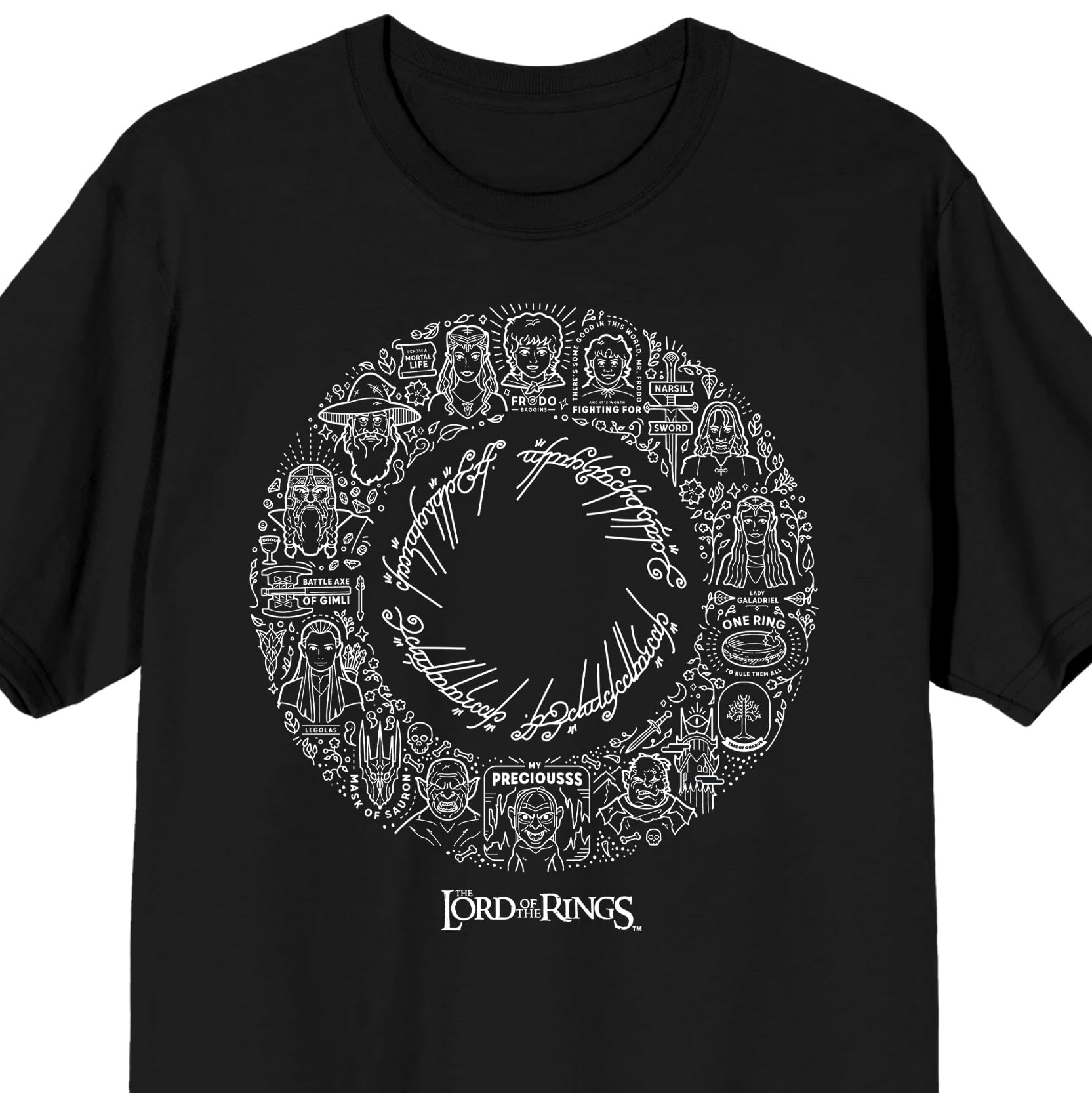 Lord Of The Rings Character Doodles In A Circle Men's Black Crew Neck Short Sleeve Tee