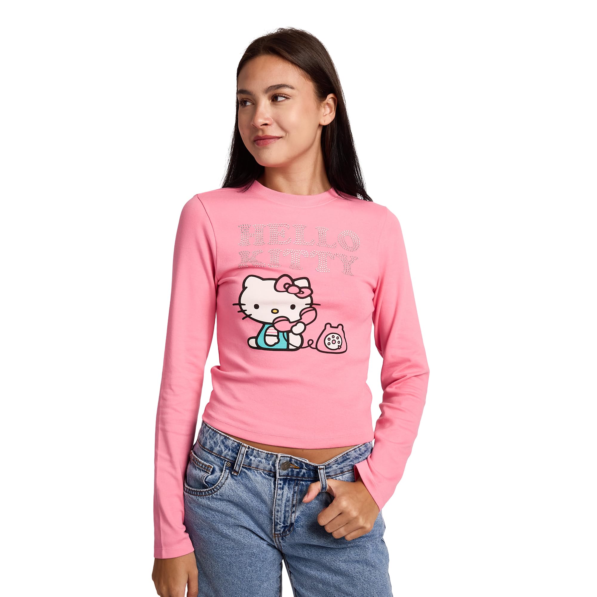 Hello Kitty Talking On Phone Glitter Print Women's Pink Long Sleeve Baby Tee