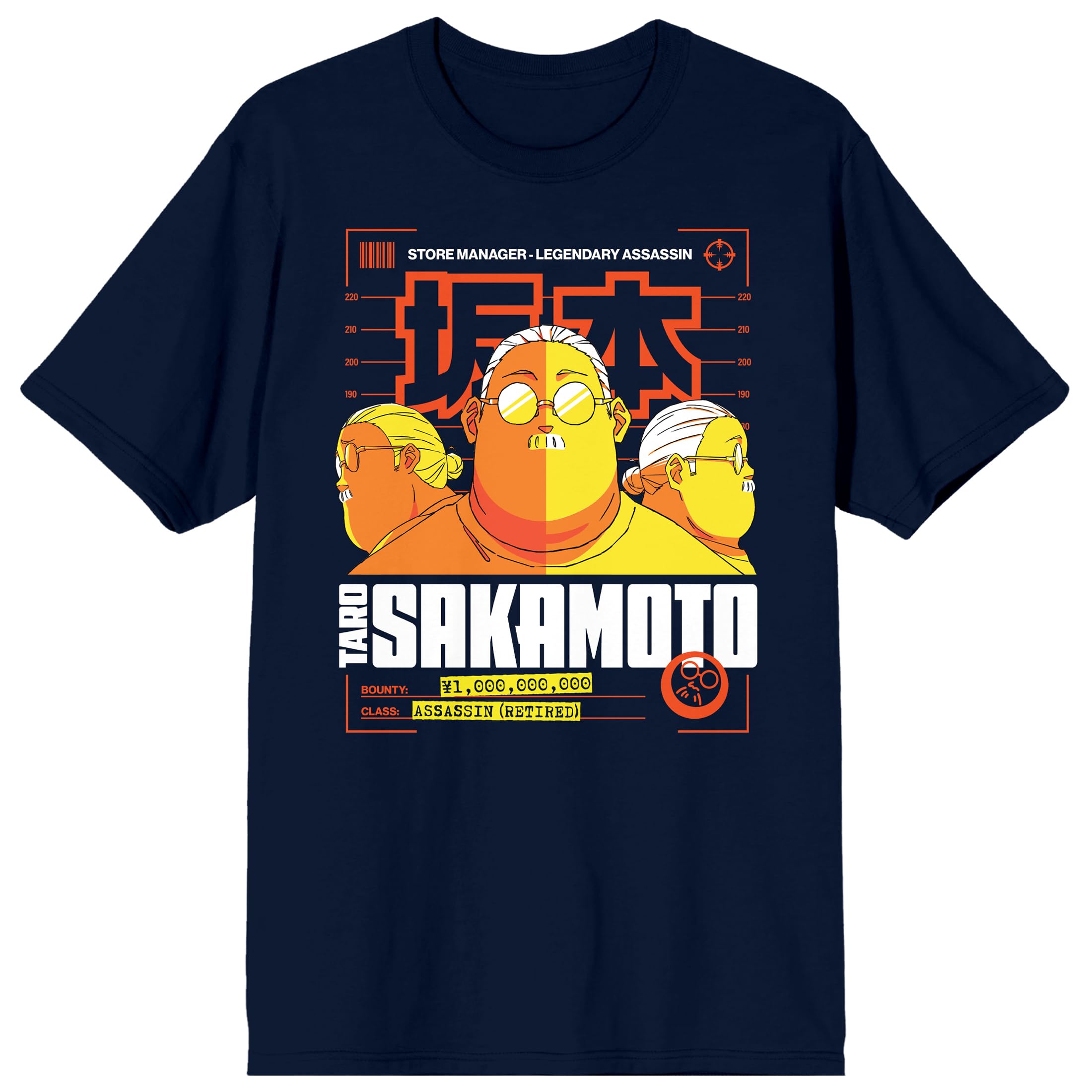 Sakamoto Days Taro Sakamoto, Police height chart, Kanji text, Bounty on Navy Short Sleeve Adult T-Shirt