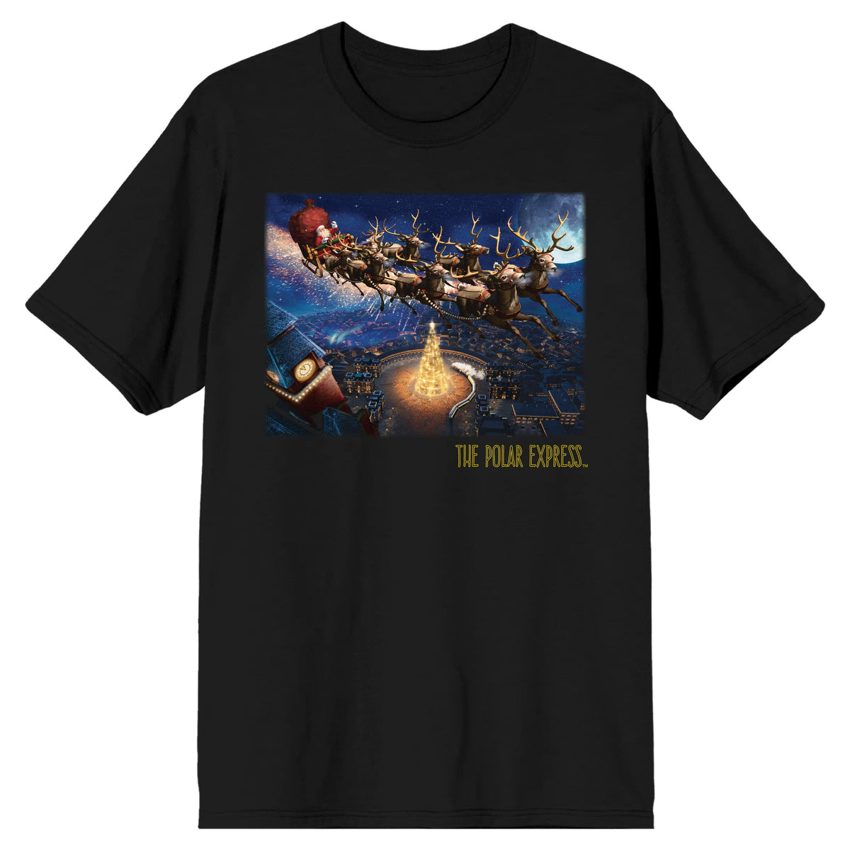 Polar Express Santa's Sleigh Above Christmas Tree Crew Neck Short Sleeve Men's Black T-shirt