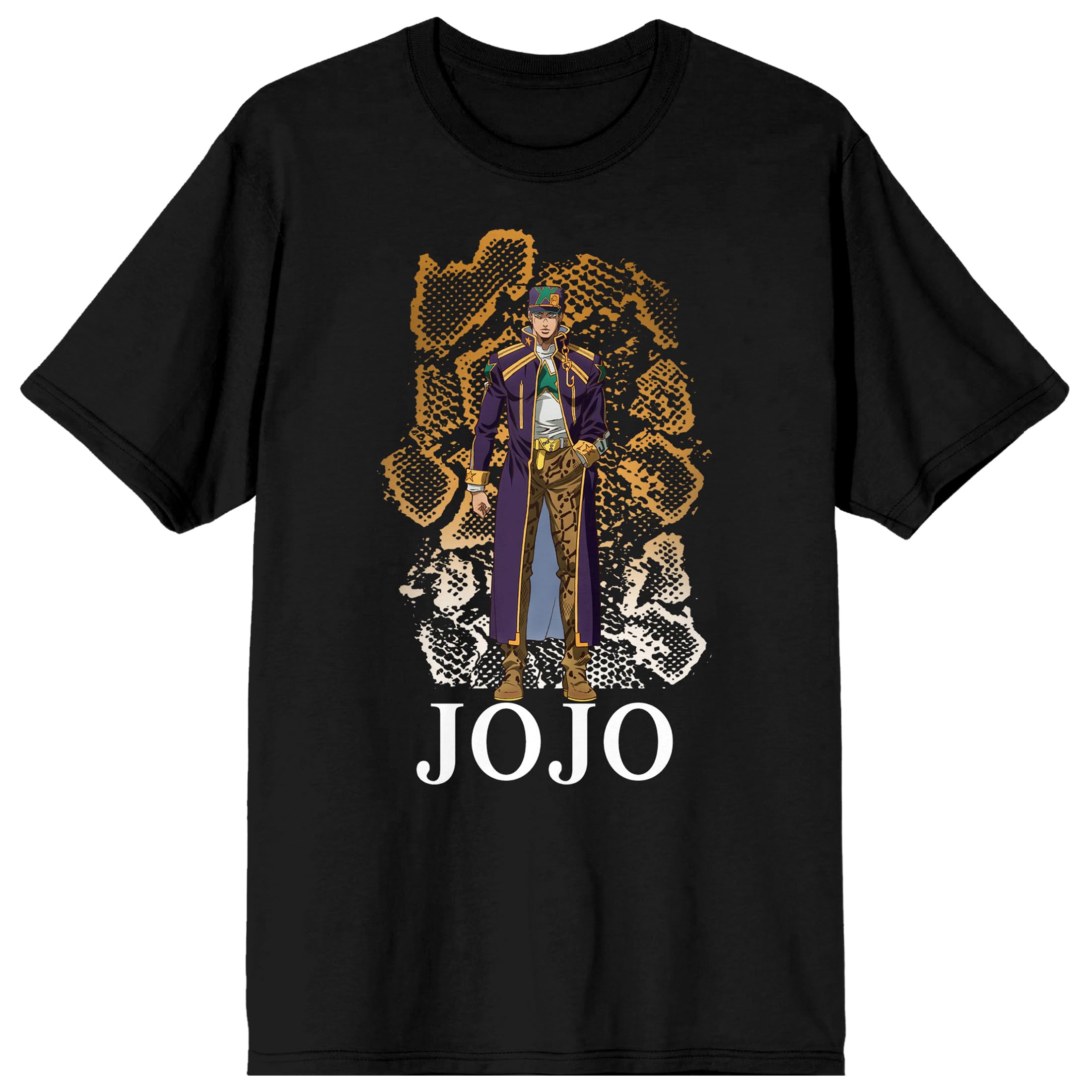 Jojo's Bizarre Adventure Jotaro Kujo, Snake like pattern in Gradient, Logo text on Black Adult T-Shirt