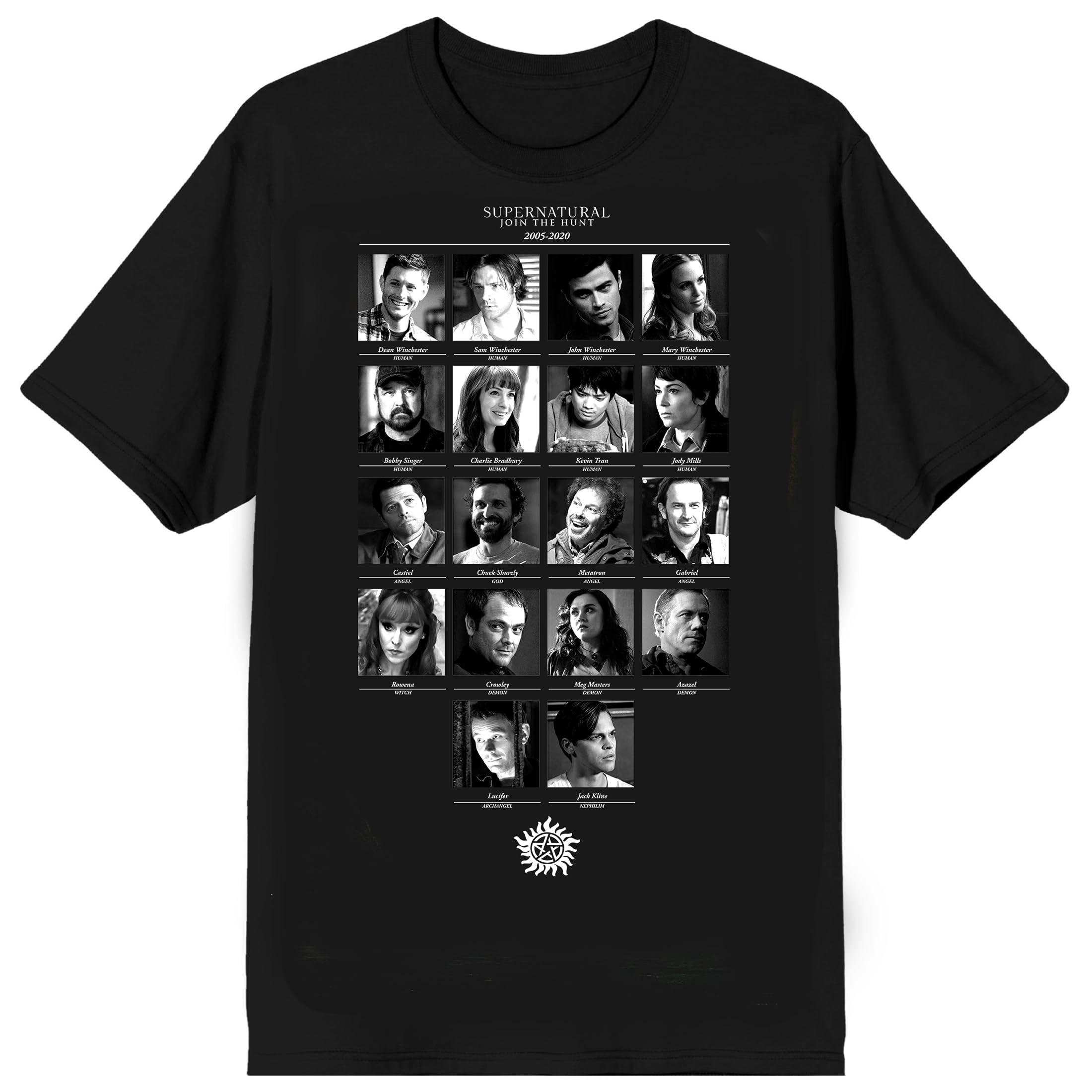 Supernatural Black & White Character Grid Adult Black Crew Neck Short Sleeve T-shirt