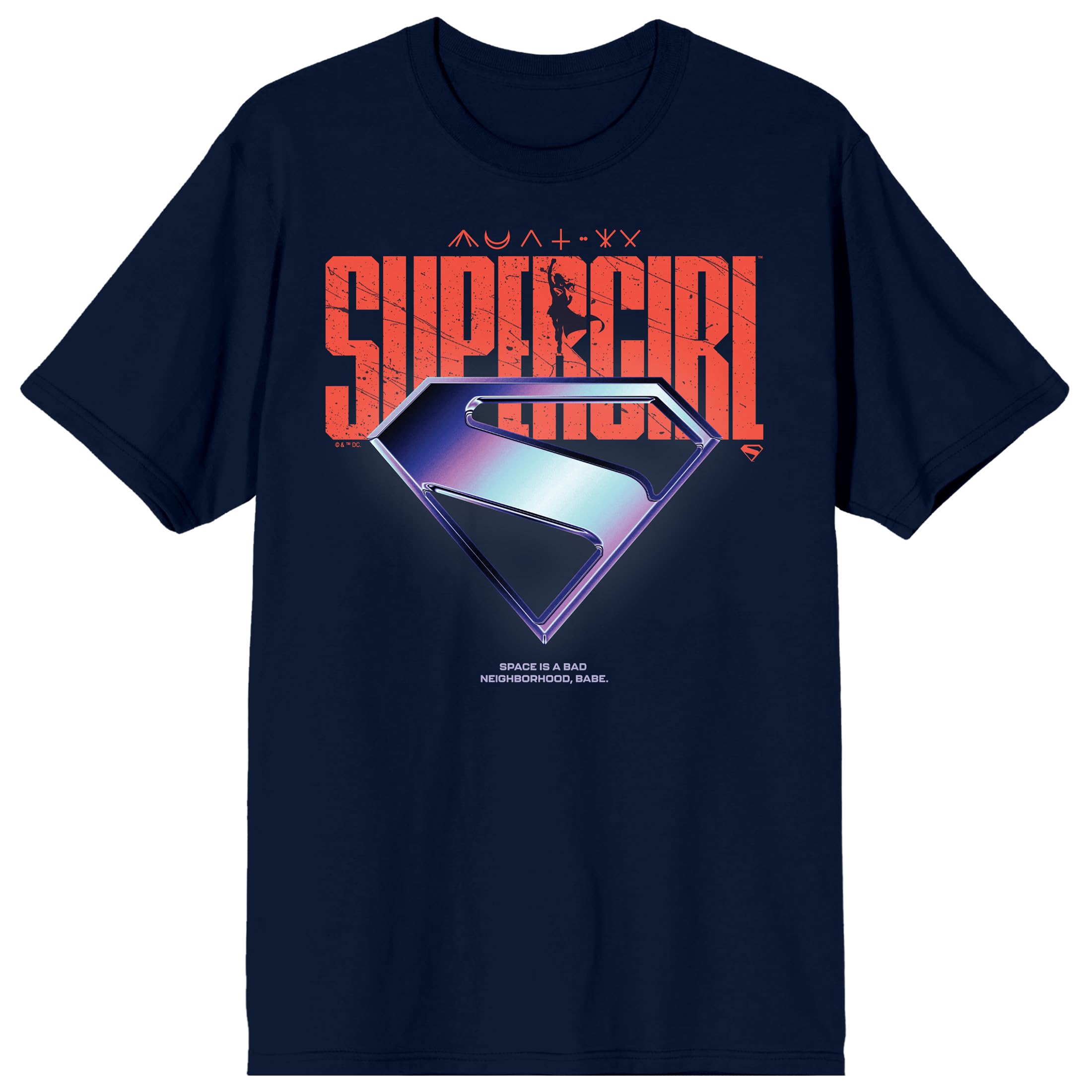 Supergirl Movie (2026) Space Is A Bad Neighborhood Chrome Logo Men’s Navy Crew Neck Short Sleeve T-shirt