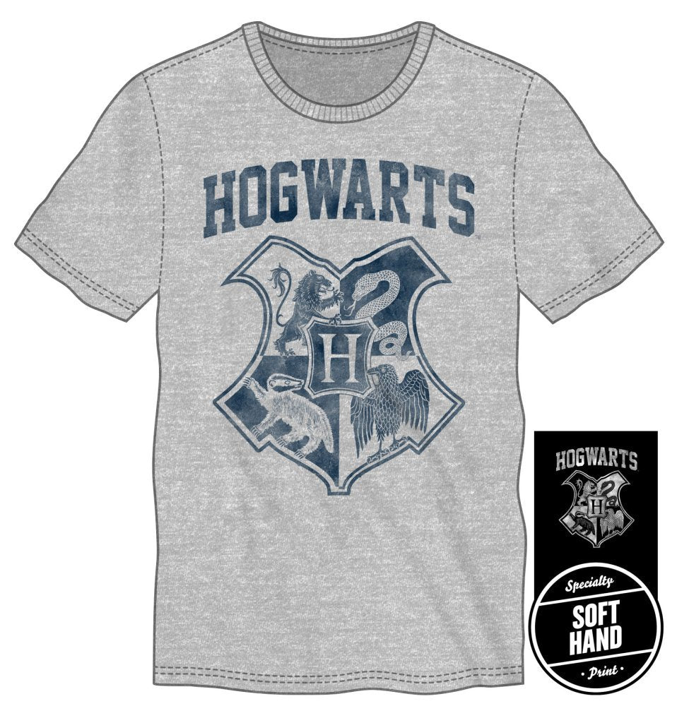 Harry Potter Hogwarts Crest Four Houses Gryffindor Slytherin Hufflepuff Ravenclaw Men's Gray Tee T-Shirt Shirt