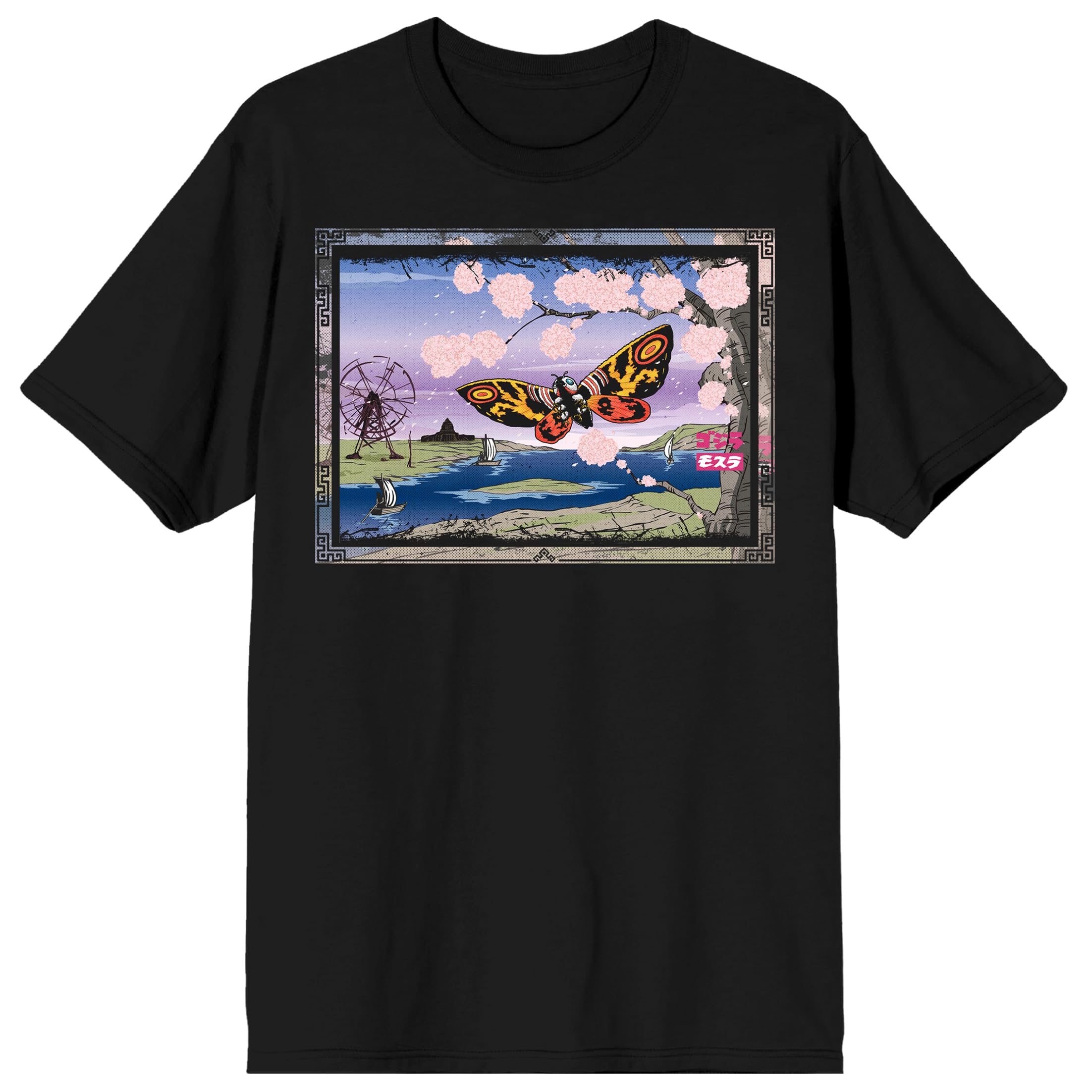 Godzilla Classic Mothra with Cherry Blossom Tree and River Adult Black Short Sleeve Tee