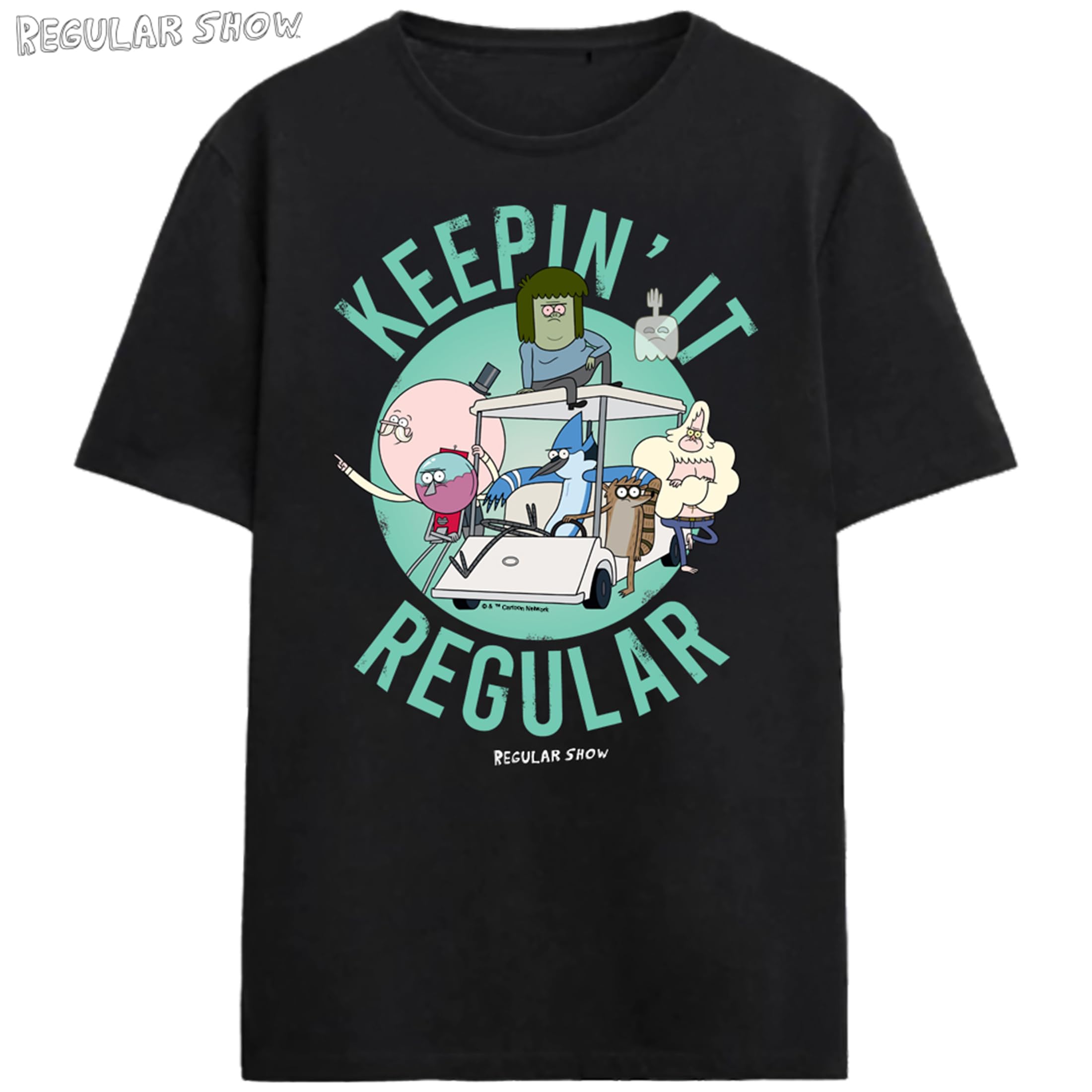 Regular Show Keepin It Regular Golf Cart Crew on Black Adult Crew Neck Short Sleeve T-shirt