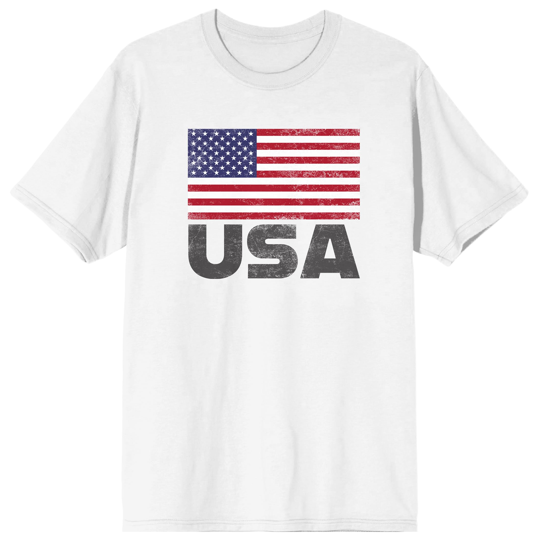 Distressed American Flag and USA Text on White Ground Adult Crew Neck Short Sleeve T-shirt