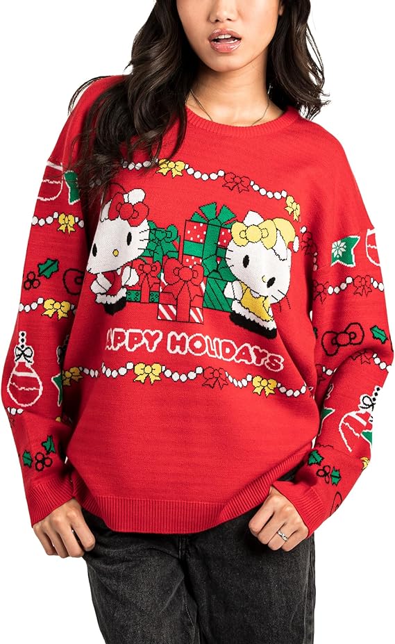 Hello Kitty & Mimmy Happy Holidays Women's Red Crew Neck Long Sleeve Oversized Sweater