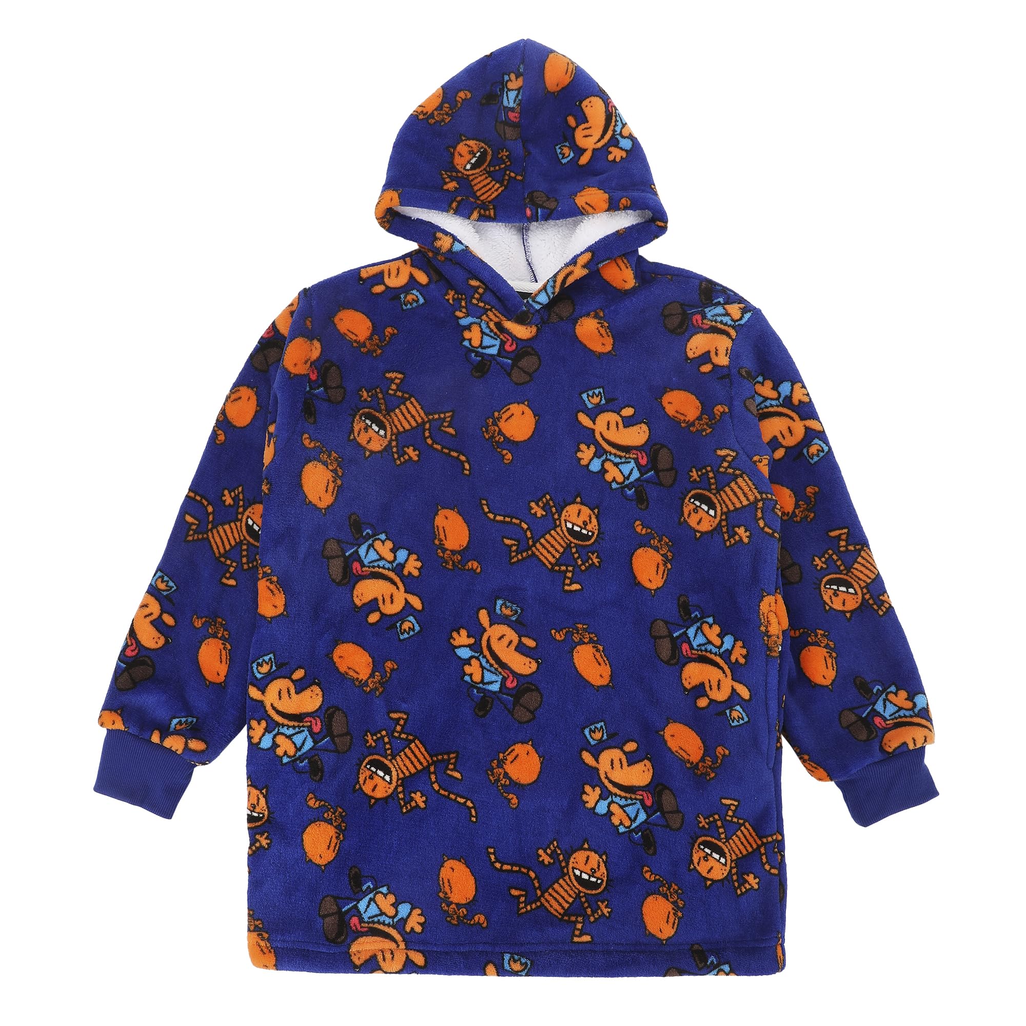 Dog Man Petey & Dog Man All-Over Print Boy's Blue Long Sleeve Sherpa Lined Kids Wearable Hoodie Blanket