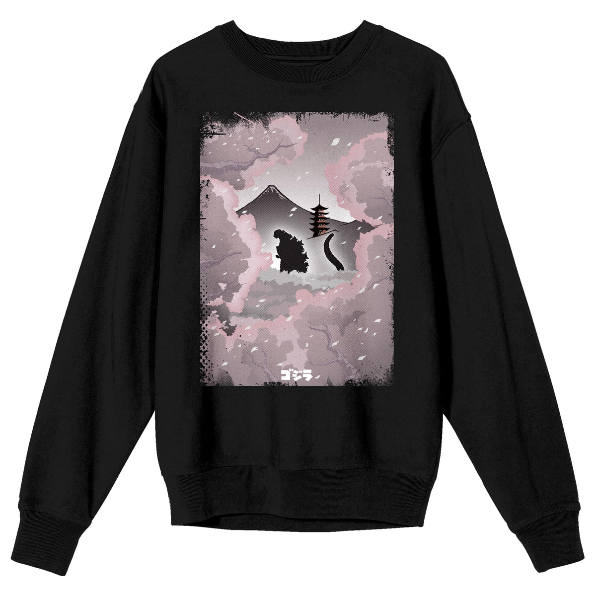 Godzilla Classic Monster Silhouette and Cherry Blossoms Across Mt. Fuji Adult Black Crew Neck Sweatshirt