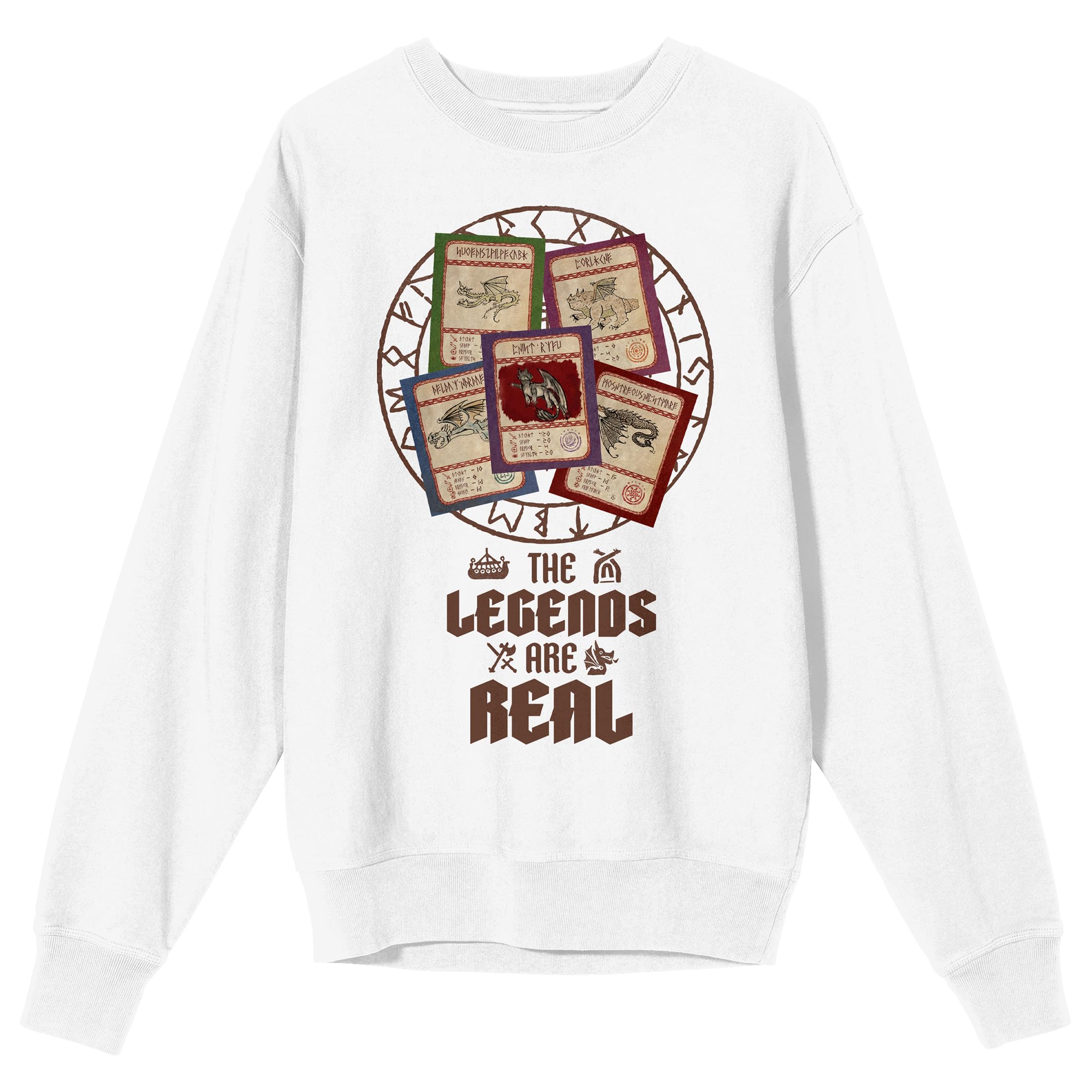 How To Train Your Dragon The Legends Are Real Dragon Cards Adult White Crew Neck Long Sleeve Sweatshirt