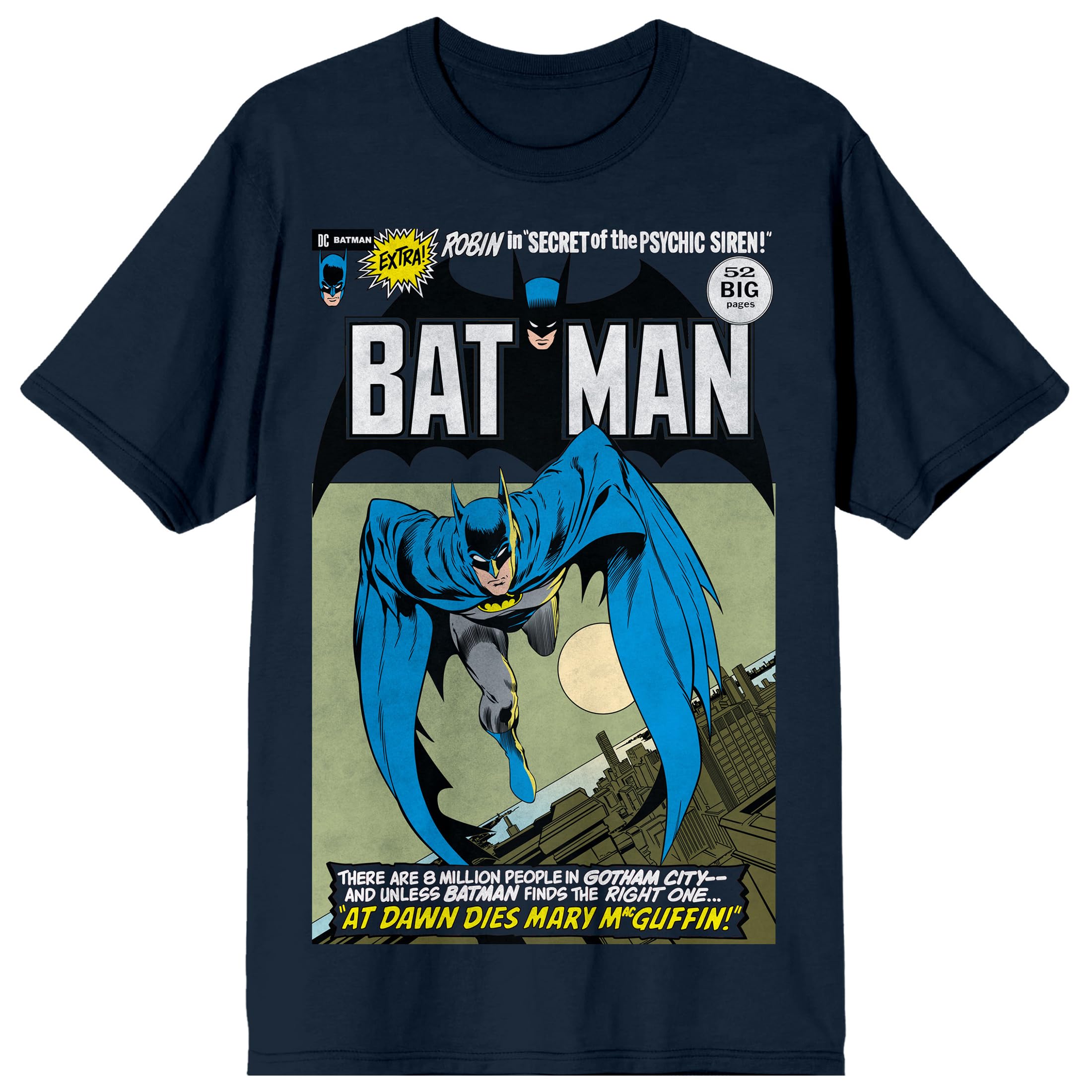 Batman Leaping Into Action Comic Cover Art Crew Neck Short Sleeve Navy Men's T-shirt
