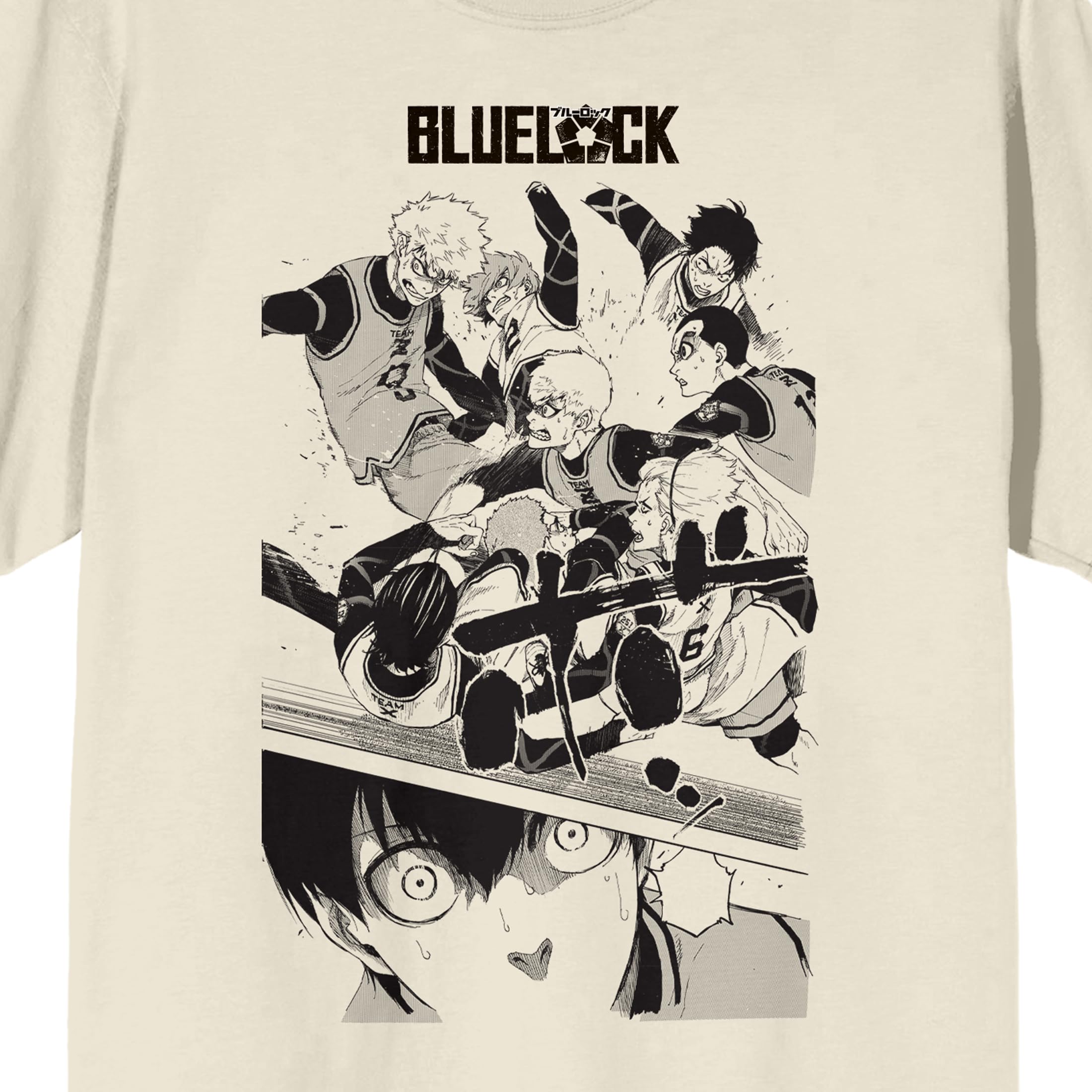 Blue Lock Manga Teams Fighting & Shocked Isagi Crew Neck Short Sleeve Natural Men's T-shirt