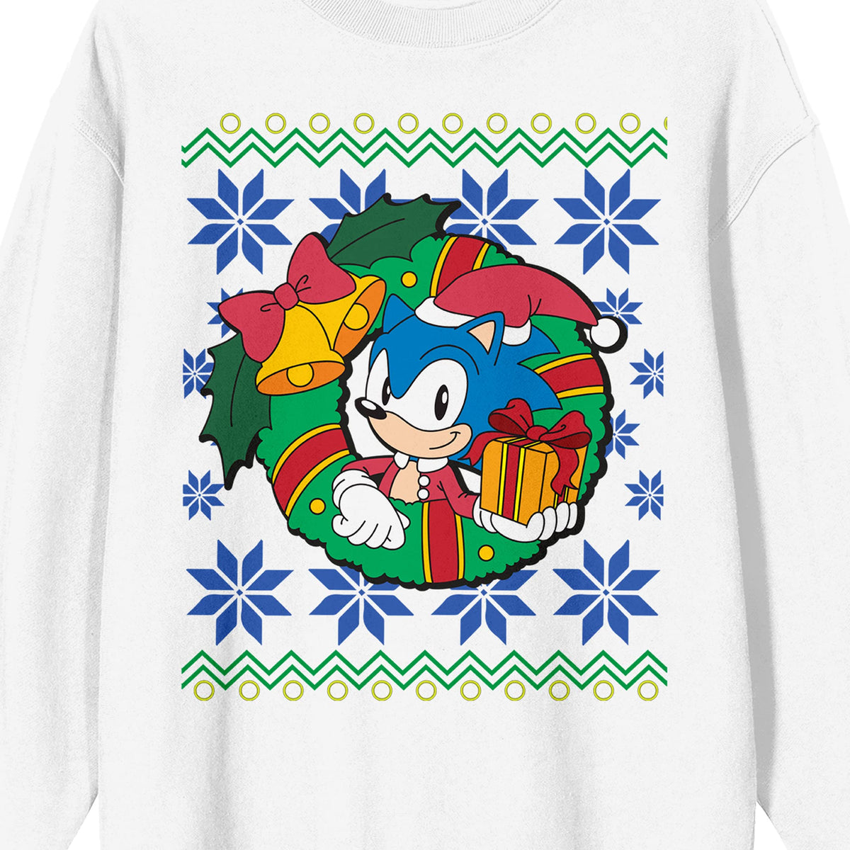 Sonic The Hedgehog Sonic Christmas Wreath Crew Neck Long Sleeve White Adult Sweatshirt